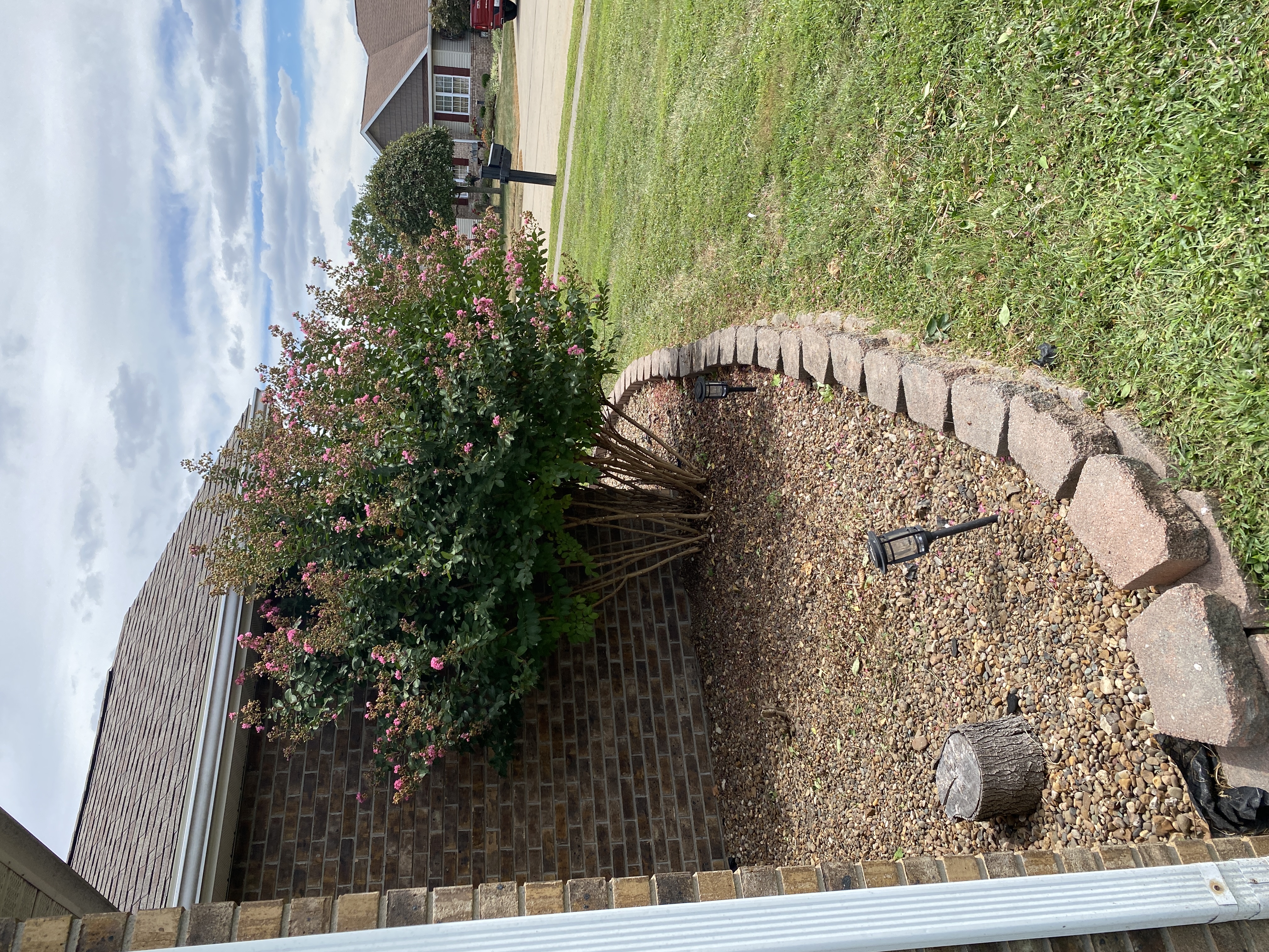 Completed lawn mowing job — clean striped yard